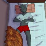 1:1 2016 5_fingers anthro bat bed boxers_(clothing) clothing eyes_closed fangs fingers furniture fuze hi_res kenta_yamashita lying male mammal navel on_back pillow red_clothing red_underwear sleeping smile solo teeth texnatsu topwear underwear v-neck