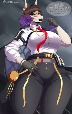 accessory anthro belt bite biting_lip black_clothing black_gloves black_handwear bottomwear brown_body brown_fur clothing cosplay dialogue ear_piercing ear_ring female fur gloves hair handwear harness highlights_(coloring) lips looking_at_viewer looking_down looking_down_at_viewer makeup necktie pants piercing ponytail purple_highlights red_necktie ring_piercing shirt smug solo tan_body tan_fur text thick_bottom_lip topwear sly_shadex kuro_games wuthering_waves yuna_taia canid canine canis jackal mammal english_text hi_res