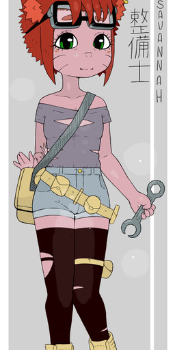 anthro belt blush boots bottomwear clothed clothing costume denim denim_bottomwear denim_clothing denim_shorts female footwear green_eyes hair holding_object leggings legwear looking_at_viewer mechanic red_hair shirt shoes shorts smile solo standing tools topwear torn_clothing wrench y0dare lagomorph leporid mammal rabbit hi_res