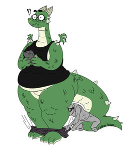 4_fingers anthro assisted_exposure belly big_belly big_butt biped bottomwear bottomwear_down butt cellphone clothed clothing duo electronics embarrassed eyewear facial_piercing female fingers genitals glasses larger_female male no_underwear nose_piercing nose_ring overweight overweight_female pants pants_down pantsing partially_clothed phone piercing ring_piercing scales shirt simple_background size_difference slightly_chubby small_wings smaller_male standing sunglasses surprised tail thick_thighs topwear vulva white_background wide_hips wings wittless-pilgrim mythology anon megan_(delicate-caramels) dragon human mammal mythological_creature mythological_scalie scalie digital_media_(artwork) hi_res