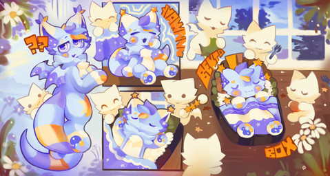 after_transformation anthro bento_box eyes_closed flying male pawpads question_mark smile solo tail transformation wings latexm4n comic hi_res