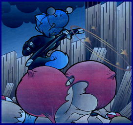 anthro big_breasts blue_body blue_border blue_fur blue_hair border bottomwear breasts clothed clothing cloud crop_top crossed_arms duo female fence footwear fur gloves hair handwear huge_breasts katana melee_weapon ninja ninja_suit nipple_outline shirt shorts sword topwear unconscious warrior weapon virus-20 june_coyote katana-mai akita canid canine canis coyote domestic_dog mammal spitz 2014 digital_media_(artwork)