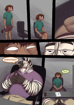 2_horns anthro black_stripes bottomwear brown_body brown_hair bulge chair clothed clothing color_coded_text dialogue duo eyewear furniture glass glasses hair half-moon_glasses head_horn horn interlocked_fingers male mane nervous office_chair on_chair page_number paper pen shirt shorts sitting sitting_on_chair small_horn speech_bubble standing stripes t-shirt tail tail_tuft text topwear tuft white_body azathura alan_(azathura) thayne_(azathura) bovid bovine cattle equid equine mammal zebra comic english_text hi_res multiple_scenes