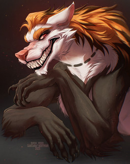 anthro black_body black_claws black_fur claws ears_back fangs fur grin hair looking_at_viewer male male_anthro orange_hair pivoted_ears red_eyes sharp_teeth simple_background smile solo teeth white_body white_fur santanahoffman canid canine mammal absurd_res hi_res