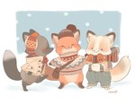 ambiguous_gender blush bottomless clothed clothing dot_eyes eyes_closed featureless_crotch fur grey_body grey_fur group orange_body orange_fur smile trio white_body white_fur memegmu canid canine fox mammal 2024 absurd_res digital_media_(artwork) hi_res signature