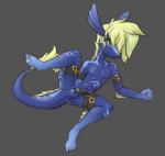 anthro anus arm_support armband arms_bent backsack balls bent_legs biped black_sclera blonde_hair blue_body blue_scales bodily_fluids butt erection fin fur genital_fluids genitals hair hand_on_leg hand_on_own_leg hand_on_own_thigh hand_on_thigh holding_leg holding_raised_leg holding_thigh inviting knot legband looking_at_viewer lying male markings non-mammal_balls on_side penis precum presenting presenting_hindquarters pupils raised_leg scales seductive slit_pupils smile solo tail tail_tuft tuft yellow_body yellow_eyes yellow_fur asdfjkl03 mythology ladon_(character) aquatic_dragon dragon marine mythological_creature mythological_scalie scalie hi_res