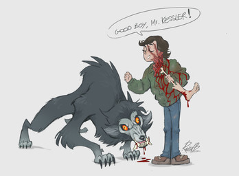 after_transformation blood blood_in_mouth bodily_fluids claws clothed clothing corpse derp_eyes duo eyes_closed feral fur gore grey_body grey_fur male quadruped scar severed_body_part severed_leg severed_limb sharp_teeth speech_bubble teeth text yellow_eyes rainillustrates an_american_werewolf_in_london mythology canid canine ghost mammal mythological_canine mythological_creature spirit werecanid werecanine werecreature werewolf absurd_res english_text hi_res signature