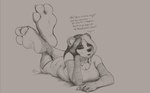 2024 3_toes anthro bear biped cinnahbunn english_text feet feet_up female foot_fetish giant_panda hi_res humanoid_feet looking_at_viewer lying mammal monochrome on_front plantigrade sarnari signature simple_background soles solo suggestive_pose text toes