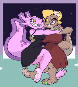 anthro barefoot big_breasts black_toe_claws breasts brown_body clothing dancing dress duo eyelashes feet female gills green_toe_claws grin horn huge_breasts long_eyelashes markings non-mammal_breasts pink_body scales small_breasts smile spots spotted_face spotted_markings spotted_shoulders spotted_tail tail tail_markings thick_tail thick_thighs wide_hips yellow_eyes yellow_sclera haiku_oezu mythology axyla_kos_centauri dyaxia_kos_nu_draconis alien amphibian aquatic axolotl dragon mole_salamander mythological_creature mythological_scalie nebulian salamander scalie hi_res