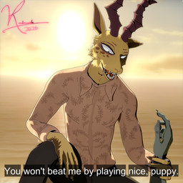 anthro bottomwear claws clothed clothing duo male male/male pants shirt smile smiling_at_another taunting topwear vermilionrenderworks beastars legoshi_(beastars) melon_(beastars) antelope bovid canid canine canis felid gazelle hybrid leopard mammal pantherine wolf 1:1 3d_(artwork) adobe_photoshop_(artwork) blender_(artwork) blender_cycles_(artwork) davinci_resolve_(artwork) digital_media_(artwork) hi_res