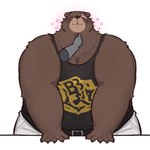 anthro belly blush brown_body brown_fur clothing duo facial_scar fur male missing_eye moobs overweight scar scratching_chin shirt smile solo tank_top topwear shyybuchi mihoyo zenless_zone_zero ben_bigger bear mammal absurd_res hi_res