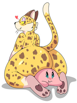 anthro big_butt blush breasts butt claws countershading duo eyeshadow feet female fur heart_symbol makeup paws simple_background sitting smile soles spots thick_thighs white_background wide_hips kingbeast kirby_(series) kirby_and_the_forgotten_land nintendo clawroline kirby felid leopard mammal pantherine 3:4 absurd_res hi_res