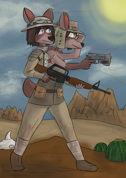 2_heads 4_arms anthro armor belt bone brown_body brown_fur cactus clothed clothing coat conjoined conjoined_twins detailed_background duo eyewear female fingerless_gloves fur gloves goggles gun hair handgun handwear hat headgear headwear helmet holding_object holding_weapon multi_arm multi_head multi_limb multifur pistol plant radiation_burn ranged_weapon rifle shoulder_pads skull solo standing sun topwear trenchcoat weapon notmypornaccount fallout microsoft chloe_and_zoe_(notmypornaccount) deer mammal radstag_(fallout) absurd_res digital_media_(artwork) hi_res sibling_(lore)