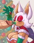 anthro big_breasts blush bodily_fluids breasts christmas_tree cleavage clothed clothing eyelashes eyes_closed female fingers genital_fluids genitals gloves hair handwear holding_object holidays kissy_face lipstick_on_penis male male/female mistletoe penis plant precum three-quarter_view tree jarp-art christmas sega sonic_the_hedgehog_(series) rouge_the_bat bat mammal 4:5 absurd_res hi_res