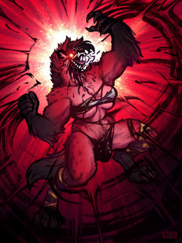 after_transformation anthro black_goo bottomwear bulge claws clothing digitigrade eyewear fangs fluffy fur glowing glowing_eyes gynomorph intersex leggings legwear mane multicolored_body multicolored_fur muscular muscular_anthro muscular_gynomorph muscular_intersex red_background red_body red_fur roaring simple_background solo spots sunglasses teeth topwear torn_bottomwear torn_clothing torn_topwear transformation villainous monstrifex vyruem hyena mammal monster hi_res