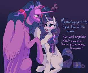 aged_up blush duo female feral hooves horn simple_background sparkles text underhoof wings abbytabbys friendship_is_magic hasbro my_little_pony mythology rarity_(mlp) twilight_sparkle_(mlp) equid equine mammal mythological_creature mythological_equine unicorn winged_unicorn english_text hi_res
