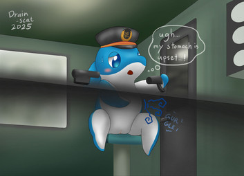 animal_genitalia anthro blue_body blue_eyes clothing conductor conductor_hat genital_slit genitals hat hat_only headgear headgear_only headwear headwear_only inside male mostly_nude multicolored_body rumbling_stomach sitting solo subway text train train_conductor two_tone_body vehicle white_body drain_scat rinkaru cetacean dolphin mammal marine toothed_whale 2025 english_text hi_res