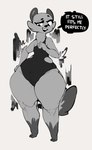 anthro athletic_wear belly biped dialogue female flat_chested huge_hips huge_thighs looking_at_clothing looking_at_object looking_at_self solo speech_bubble standing talking_to_viewer text thick_thighs wide_hips foxialewd kaz_(foxialewd) mammal mustelid musteline stoat true_musteline weasel 2022 absurd_res black_and_white digital_media_(artwork) english_text hi_res monochrome