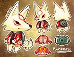 abstract_background anthro anthrofied backpack big_ears black_eyes black_nose bottomless cheek_tuft chibi clothed clothing daww eye_markings facial_markings facial_tuft featureless_crotch female flame_pattern fluffy fluffy_tail front_view fur hand_in_pocket hands_in_both_pockets head_markings jacket looking_at_viewer looking_away markings multicolored_body multicolored_clothing multicolored_fur multiple_angles paws pockets rear_view red_clothing red_jacket red_markings red_topwear snout solo standing tail text topwear tuft two_tone_body two_tone_fur white_body white_clothing white_fur white_jacket white_topwear squidnibs animal_crossing capcom clover_studio nintendo okami_(capcom) amaterasu_(okami) canid canine canis deity mammal wolf crossover english_text hi_res model_sheet shaded signature soft_shading