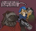 alcohol anthro beverage blue_clothing blue_hair blue_shirt blue_topwear brown_body brown_eyes brown_fur claws clothing drinking facial_hair female finger_claws fur goatee green_clothing green_shirt green_topwear grey_body grey_fur group hair half-closed_eyes kissing male male/male narrowed_eyes pattern_background red_clothing red_shirt red_topwear shirt simple_background snout text topwear trio yellow_body yellow_fur gureeookami canid canine canis cheetah felid feline gulonine king_cheetah mammal mustelid musteline wolf wolverine 2025 english_text signature