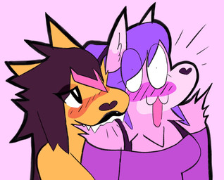 anthro bite blush brown_hair duo female female/female fur hair heart_nose heart_symbol highlights_(coloring) orange_body orange_fur pink_background pink_body pink_fur pink_highlights purple_hair shocked shoulder_bite simple_background wide_eyed bigsteppies alyssa_(bigsteppies) sam_(bigsteppies) canid mammal