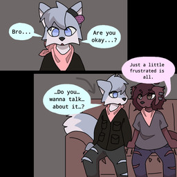 anthro blue_body blue_bottomwear blue_clothing blue_eyes blue_fur blue_jeans blue_pants bottomwear brown_body brown_fur brown_hair caring clothing denim denim_bottomwear denim_clothing dialogue duo ear_piercing floppy_ears fur furniture grey_clothing grey_shirt grey_topwear hair hearing_aid jeans kerchief male pants piercing pink_kerchief shirt sofa text topwear torn_bottomwear torn_clothing torn_pants white_body white_fur ashblondekittyy rex_(ashblondekittyy) sven_(ashblondekitty) arctic_fox canid canine canis domestic_dog fox mammal true_fox 1:1 comic english_text