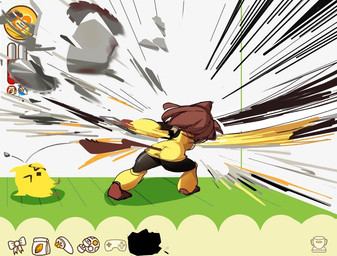 ambiguous_gender anthro brown_hair butt clothed clothing destruction duo eyes_closed female gameplay_mechanics hair rear_view sawblade user_interface yellow_body negativus_core can_your_pet? gameoverse glitch_productions kit_bodega avian bird chicken domestic_cat felid feline felis galliform mammal phasianid 2026 crossover