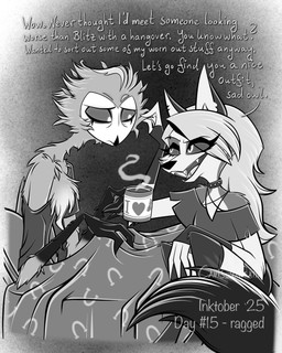 anthro beak bed bottomwear chest_tuft clothing coffee_mug collar container cup dialogue duo fangs feathers female fingerless_gloves fur furniture gloves hair handwear holding_coffee_mug holding_container holding_cup holding_mug holding_object leggings legwear male mouth_closed mug multi_eye notched_ear occult_symbol on_bed open_mouth pajama_shirt pajamas pentagram pentagram_top shirt shorts sitting sitting_on_bed spiked_collar spikes steam symbol teeth text tongue topwear tuft under_covers atimon hellaverse helluva_boss mythology loona_(helluva_boss) stolas_(helluva_boss) avian canid canid_demon canine demon hellhound mammal mythological_canine mythological_creature 2025 4:5 english_text hi_res monochrome signature
