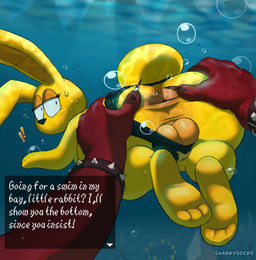 ambiguous_gender anthro anus assisted_exposure backsack balls biped bottomwear bracelet bubble butt butt_grab claws clothing dialogue dialogue_box duo exclamation_point finger_claws first_person_view genitals half-closed_eyes hand_on_butt jewelry male male/ambiguous male_anthro narrowed_eyes red_body sex spiked_bracelet spikes spread_butt spreading text torn_bottomwear torn_clothing torn_swimwear underwater underwater_sex water yellow_body sharkysocks mario_bros nintendo super_mario_64 mips unagi_(mario) aquatic eel fish lagomorph leporid mammal maw-ray rabbit 2025 digital_media_(artwork) english_text hi_res