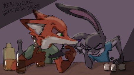 alcohol anthro beverage bottle claws clothed clothing container dialogue drunk duo female fur green_eyes grey_body grey_fur long_ears male one_eye_closed orange_body orange_fur pink_nose purple_eyes substance_intoxication text rarewhoroastbeast disney zootopia judy_hopps nick_wilde canid canine fox lagomorph leporid mammal rabbit red_fox true_fox 16:9 english_text widescreen
