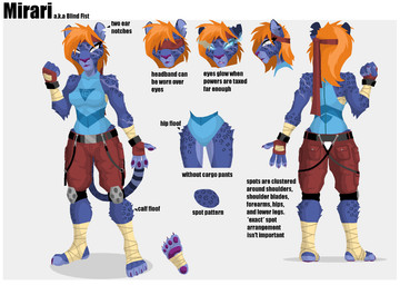 accessory anthro barefoot belt biped blind bottomwear breasts butt clothed clothing disability feet female fingerless_gloves foot_wraps gloves hair handwear headband melanistic muscular muscular_anthro muscular_female orange_hair paws shorts simple_background solo standing text white_eyes wraps wrist_wraps phlegraofmystery mirari felid jaguar mammal pantherine english_text