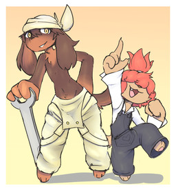 anthro biped black_clothing black_nose black_overalls border brown_body brown_fur clothed clothing duo female floppy_ears front_view fur hair hair_over_eyes hand_on_hip hand_on_own_hip headgear headkerchief headwear heart_symbol holding_object holding_tool holding_wrench kerchief looking_at_viewer lop_ears male open_mouth overalls shirt simple_background standing tan_body tan_fur teeth tongue tools topless topless_male topwear white_border white_clothing white_kerchief white_overalls white_shirt white_topwear wrench yellow_eyes young young_female young_male neko3240 cyberconnect2 fuga:_melodies_of_steel little_tail_bronx jin_macchiato wappa_charlotte basset_hound bird_dog canid canine caninu canis domestic_dog hunting_dog mammal scent_hound spaniel 2026 hi_res