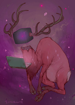 antlers computer electronics featureless_crotch for_a_head hooves horn laptop levitating semi-anthro solo what iguanamouth fursona_generator animate_inanimate deer mammal object_head bad_metadata missing_sample signature