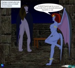 anklet bat_wings black_hair blue_body blue_nipples blue_skin breasts clothes_pile demona_(gargoyles) dialogue disney duo fab3716 female french_text gargoyle gargoyles goliath_(gargoyles) hair humanoid irl_trace jewelry male membrane_(anatomy) membranous_wings night nipples nude red_hair text translated wings
