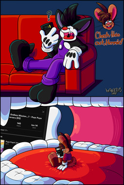 2_toes 3_toes 4_fingers anthro big_feet big_tongue cartoon_gloves clothing duo extreme_size_difference feet fingers macro male male/male mawplay micro open_mouth overalls paws red_tongue shirt size_difference soft_vore tail text toes tongue toony topwear uvula vore whiskers wide_tongue marquis2007 herman_(marquis2007) roderick_(tamerkoh) imp lagomorph leporid mammal rabbit absurd_res alpha_channel english_text hi_res