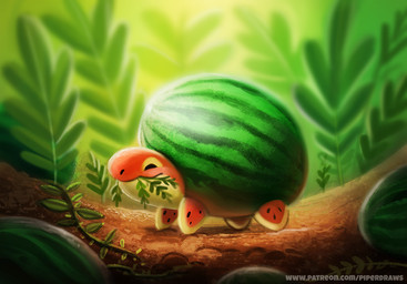 ambiguous_gender eating eyes_closed feral food footprint fruit melon outside plant solo text watermelon piper_thibodeau food_creature reptile scalie turtle digital_media_(artwork) digital_painting_(artwork) painting_(artwork) url