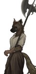 anthro axe breasts clothed clothing female fur gloves handwear looking_at_viewer melee_weapon polearm poleaxe shirt solo topwear weapon anon2000000 hyena mammal hi_res