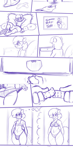 anthro bikini bikini_bottom bikini_top bodily_fluids bulge clothed clothing crossdressing crying disappointed duo female male sad solo_focus swimwear tears two-piece_swimsuit cocomania hasbro my_little_pony cinnamon_buns_(oc) fan_character equid equine horse mammal pony absurd_res blue_and_white comic hi_res monochrome sketch source_request
