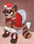 anthro arm_on_thigh blue_eyes bottomwear bottomwear_down butt christmas_clothing christmas_headwear clothed clothing hat headgear headwear holidays implied_scat looking_relieved male pants pants_around_ankles pants_down partially_clothed pooping potty_time santa_hat sitting_on_toilet solo toilet toilet_paper toilet_use danfitz29 christmas canid canine mammal raccoon_dog tanuki hi_res