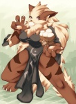 anthro breasts clothing dress evening_gown feet female food hindpaw meat_bun paper_bag paws pokemorph solo mrsk nintendo pokemon arcanine canid canine generation_1_pokemon mammal pokemon_(species) hi_res