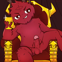 anthro balls chair container cup erection fur furniture genitals goblet humanoid_genitalia humanoid_penis male penis red_body slightly_chubby solo throne collie_calamari cult_of_the_lamb massive_monster_(studio) valefar_(cult_of_the_lamb) 1:1 hi_res