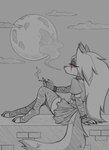 4_fingers alternative_fashion anthro arm_support armwear big_hair biped bottomwear bracelet brick_wall cigarette claws clothed clothed_anthro clothed_female clothing cloud collar digitigrade ear_piercing elbow_gloves eyebrows eyelashes feet female female_anthro finger_claws fingerless_gloves fingers fluffy fluffy_tail full_moon fur gloves hair half-closed_eyes handwear holding_cigarette holding_object jewelry legwear long_hair midriff moon narrowed_eyes night outside paws piercing pointy_ears prick_ears red_sclera shirt short_sleeves side_view sitting skirt sky smoke smoking smoking_cigarette snout solo spiked_bracelet spiked_collar spikes tail toe_claws toes topwear torn_bottomwear torn_clothing torn_gloves torn_handwear torn_legwear torn_shirt torn_skirt torn_topwear wall_(structure) bluestripedrenulian helluva_boss mythology loona_(helluva_boss) canid canid_demon canine demon hellhound mammal mythological_canine mythological_creature 2025 greyscale hi_res monochrome spot_color
