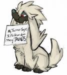 ambiguous_gender black_body black_fur blue_nose feral fur half-closed_eyes hanging_sign humor mouth_hold narrowed_eyes object_in_mouth paws placard red_eyes sign sign_in_mouth simple_background sitting solo text white_background white_body white_fur yogoat dogshaming nintendo pokemon canid canine furfrou generation_6_pokemon mammal natural_furfrou pokemon_(species) 2014 english_text hi_res meme