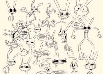 4_fingers angry anthro biped clothed clothed_anthro clothed_male clothing confusion conjoined_speech_bubble dialogue drugged extended_neck fingers gloves handwear inner_monologue interjection male male_anthro overalls pill_bottle pointy_speech_bubble profanity running sharp_teeth slim_anthro slim_male smug solo speech_bubble substance_intoxication teeth text thinking thought_bubble threatening yelling gooseworx glitch_productions the_amazing_digital_circus jax_(tadc) lagomorph leporid mammal rabbit 2024 digital_drawing_(artwork) digital_media_(artwork) english_text hi_res line_art multiple_images sketch_page