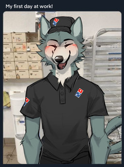 anthro black_border blush border bottomwear clothed clothing collared_shirt employee employee_uniform eyebrows eyes_closed front_view fur happy hat headgear headwear inside logo male motion_blur motion_lines open_mouth open_smile pants photo real selfie shirt smile solo standing tail tail_motion tailwag teeth text tongue topwear tuft uniform working excaliburwolf beastars domino's_pizza legoshi_(beastars) canid canine canis mammal wolf 2025 draw_over english_text hi_res watermark