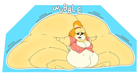 accessory aloha_shirt anthro bell bell_accessory belly big_belly big_breasts big_butt black_mouth black_sclera blonde_hair blue_background border bottomwear breasts buckteeth butt clothing fat_rolls female hair hair_accessory hairband huge_belly huge_butt huge_thighs hyper hyper_butt hyper_thighs morbidly_obese morbidly_obese_anthro morbidly_obese_female motion_lines multicolored_body obese obese_anthro obese_female open_mouth overweight overweight_anthro overweight_female pattern_clothing pattern_shirt pattern_topwear pink_clothing pink_shirt pink_topwear red_hairband red_tongue shirt simple_background skirt solo tan_body tan_bottomwear tan_clothing tan_skirt teeth thick_thighs three-quarter_view tight_clothing tongue topwear two_tone_body white_border white_eyes yellow_body yellow_ears paceplusle animal_crossing nintendo isabelle_(animal_crossing) canid canine canis domestic_dog mammal shih_tzu toy_dog 2024 colored digital_media_(artwork) flat_colors hi_res