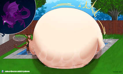 alternate_species anthro backyard belly big_belly bloated cross-popping_vein duo feral huge_belly hyper hyper_belly iconography male space speech_bubble swelling swimming_pool text yelling ryukawa mythology alien dragon mythological_creature mythological_scalie scalie 2021 english_text hi_res