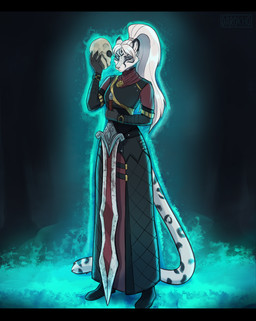 anthro black_bars bone clothing eyes_closed female fur magic_user melee_weapon necromancer robe skull solo sword weapon white_body white_fur darokho microsoft the_elder_scrolls valera_shadowpaw cheetah felid feline khajiit mammal absurd_res hi_res letterbox