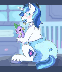 ageplay big_diaper blue_hair blush clothing cutie_mark diaper embarrassed feral fur hair horn infantilism looking_at_viewer male object_in_mouth pacifier pacifier_in_mouth plushie roleplay sitting solo white_body white_fur bubblepuppers friendship_is_magic hasbro my_little_pony mythology shining_armor_(mlp) spike_(mlp) equid equine mammal mythological_creature mythological_equine unicorn hi_res