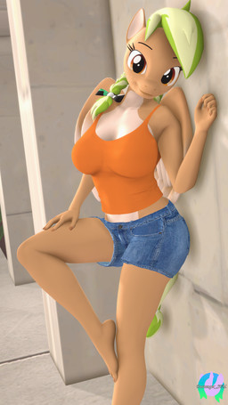 anthro bottomwear clothing denim denim_bottomwear denim_clothing denim_shorts feet female hair hand_on_leg hand_on_thigh humanoid_feet leaning_on_wall looking_at_viewer orange_clothing orange_shirt orange_tank_top orange_topwear plantigrade seductive shirt shorts smile solo tail tank_top topwear wings pootanger_sfm hasbro my_little_pony mythology sylvia_evergreen equid equine mammal mythological_creature mythological_equine pegasus 3d_(artwork) 4k 9:16 absurd_res digital_media_(artwork) hi_res